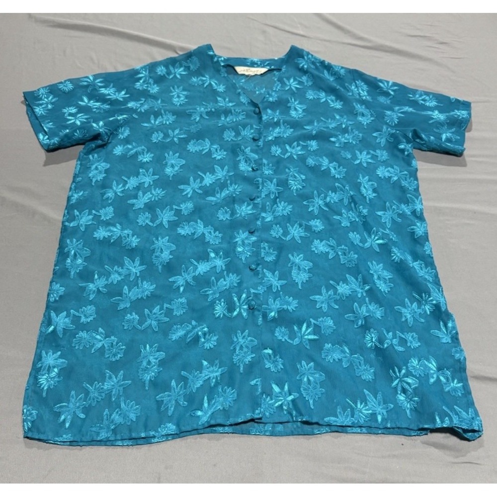 Vintage Lane Bryant Intimates Sheer Button Front Nightshirt Blue Floral 90s Plus